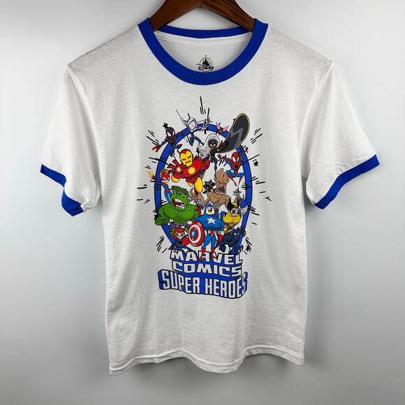 NWOT Disney Parks Marvel Comics Super Heroes Ringer Tee Shirt Junior Small - Picture 1 of 8
